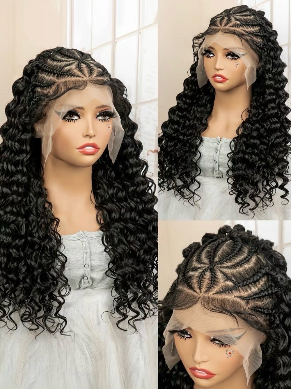 Lace Front Curly Braided Synthetic Wig —  26 inch Black